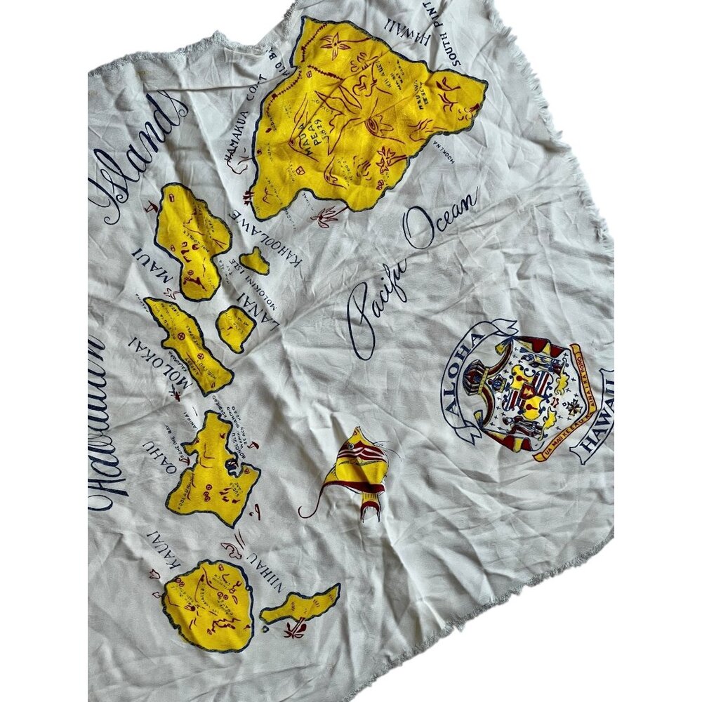Hawaiian Islands Map Scarf Crepe Polyester 23 x23 Aloha Hawaii Frayed Edges VTG - Picture 3 of 11